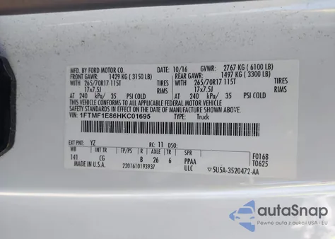 2017 Ford F-150 Xl from USA, damaged, VIN 1FTMF1E86HKC01695